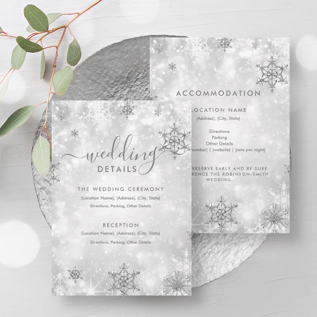 Festive Sparkle Silver Winter Wedding Details Card (Festive Sparkle Silver Winter Wedding Details Card)