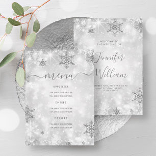 Festive Sparkle Silver Winter Wedding Menu Invitation