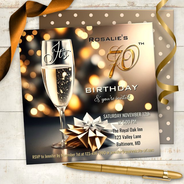 Festive Sparkling 70th Birthday Invitation (Chic and festive 70th birthday party invitation featuring a sparkling beverage on a bokeh background)