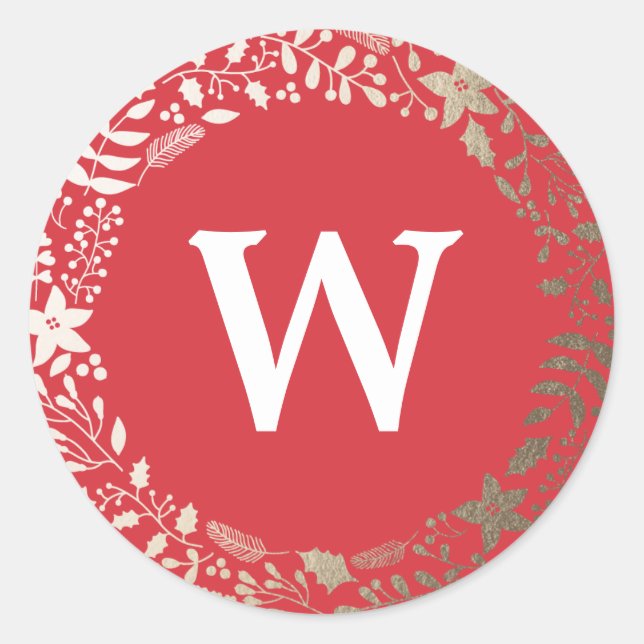 Festive Sparkling Florals | Holiday Monogram Classic Round Sticker (Front)