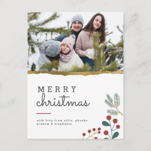 Festive Sprigs & Gold Rip   Merry Christmas Photo Postcard