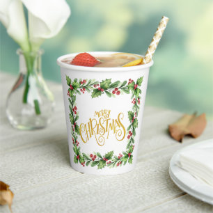 Festive Square Holly Wreath - Gold Merry Christmas Paper Cups