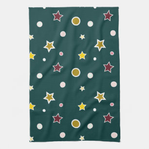 Festive Star Pattern on Dark Teal Tea Towel