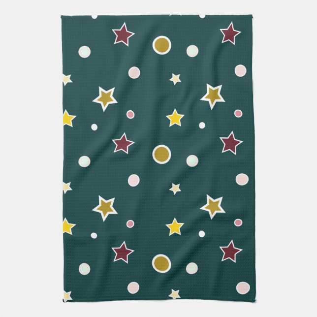 Festive Star Pattern on Dark Teal Tea Towel (Vertical)
