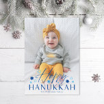 Festive Starry Happy Hanukkah Blue Photo Holiday Card<br><div class="desc">Modern font duo of "Happy Hanukkah" with jewish stars,  over your full bleed photo with optional paragraph on the back.  Add your own photo to the back if desired.</div>