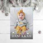 Festive Starry Happy Hanukkah Photo Holiday Card<br><div class="desc">Modern font duo of "Happy Hanukkah" with jewish stars,  over your full bleed photo with optional paragraph on the back.  Add your own photo to the back if desired.</div>