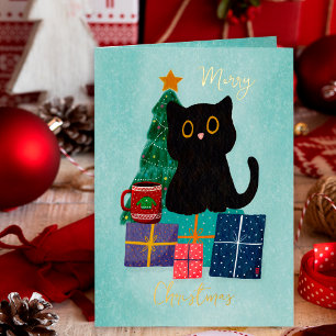 Festive Stars Blue Gold Christmas Black Cat Coffee Foil Holiday Card