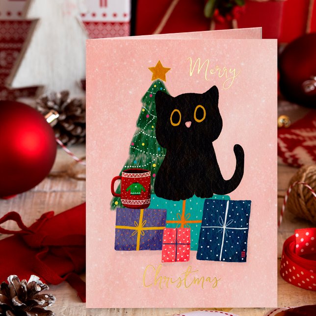 Festive Stars Gold Christmas Cute Black Cat Coffee Foil Holiday Card (Creator Uploaded)