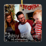 Festive Stars Merry Christmas Photo Holiday Ceramic Ornament<br><div class="desc">This festive ornament features your photo surrounded by sparkling stars. The caption reads Merry Christmas in an elegant script lettering. There is space for your name and the year. Wonderful as an annual holiday keepsake or memento. Beautiful, stylish, whimsical and fun. The design is the same on both the front...</div>
