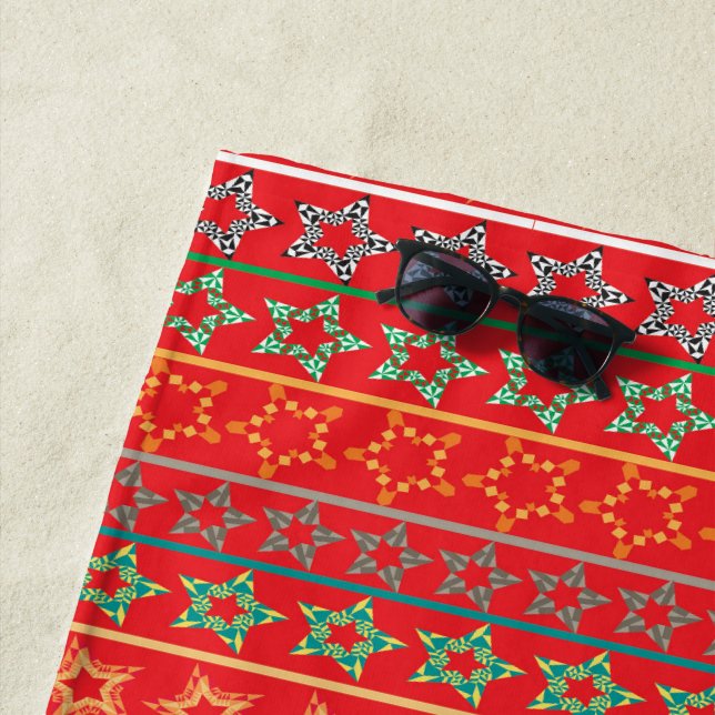 Festive stars red beach towel (In Situ)