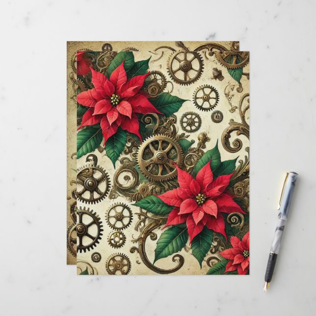 Festive Steampunk Cogs and Gears with Poinsettia (Front/Back In Situ)