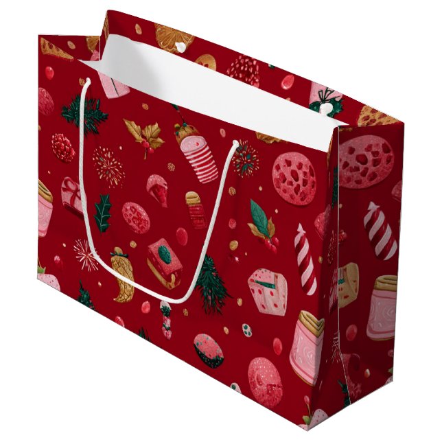 Festive Strawberry Christmas Treats Pattern Large Gift Bag (Front Angled)