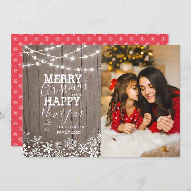 Festive String Lights Snow Photo Christmas  Holiday Card (Front/Back)