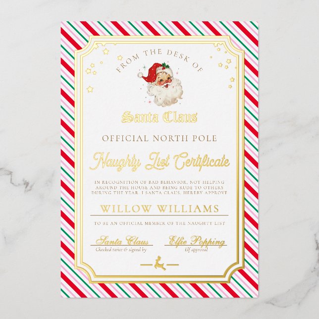 Festive Stripe Naughty List Certificate Foil Card (Front)