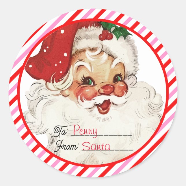 Festive Stripe Red Pink From Santa Gift Classic Round Sticker (Front)