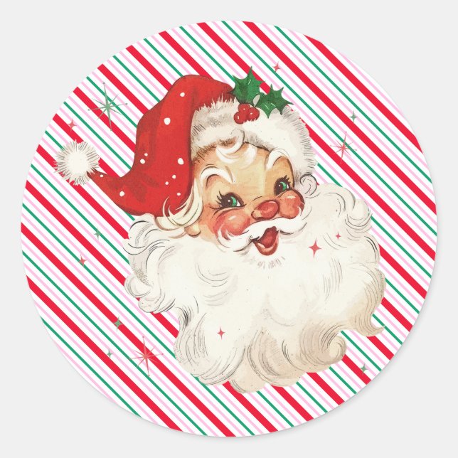 Festive Stripe Retro Santa Classic Round Sticker (Front)