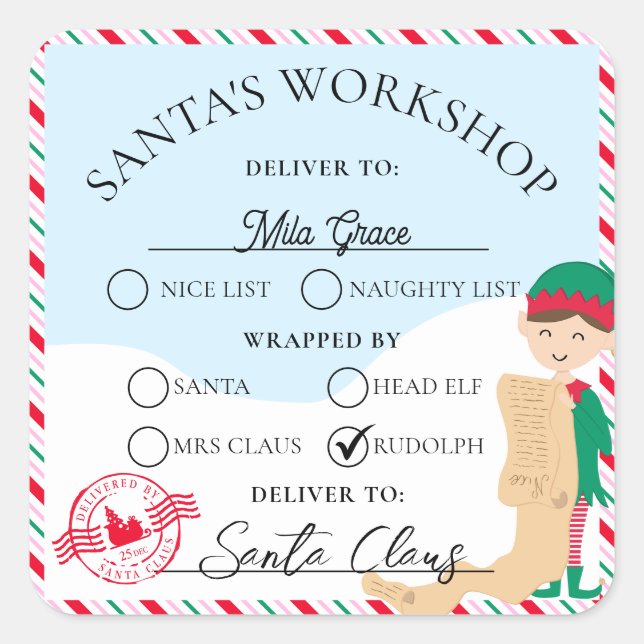Festive Stripe Santa's Workshop Gift Square Sticker (Front)