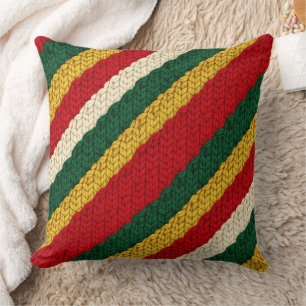 Festive Striped Knit in Red, Green, Gold, Cream Cushion