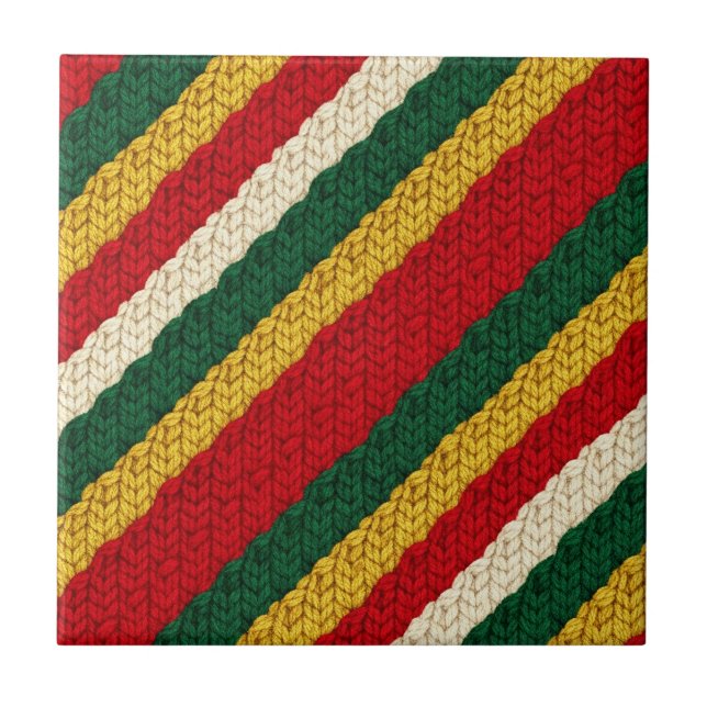 Festive Striped Knit in Red, Green, Gold, Cream Tile (Front)