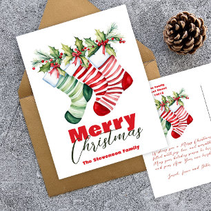 Festive Striped Stockings with Greenery Christmas Holiday Postcard