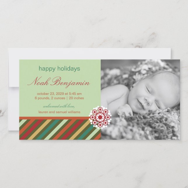 Festive Stripes Holiday Photo Birth Announcement (Front)