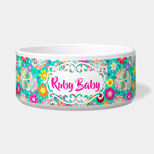 Festive Sugar Skulls on Teal Custom Pet Bowl