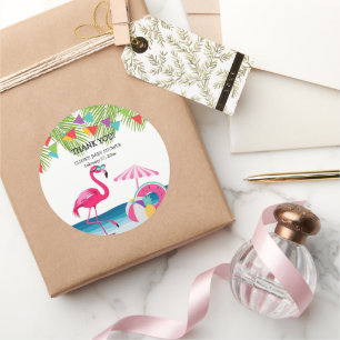 Festive Summer Beach Pink Flamingo Baby Shower Classic Round Sticker