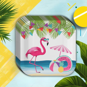 Festive Summer Beach Pink Flamingo Baby Shower Paper Plate
