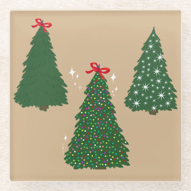 Festive Tan Christmas Tree Pattern Glass Coaster (Front)