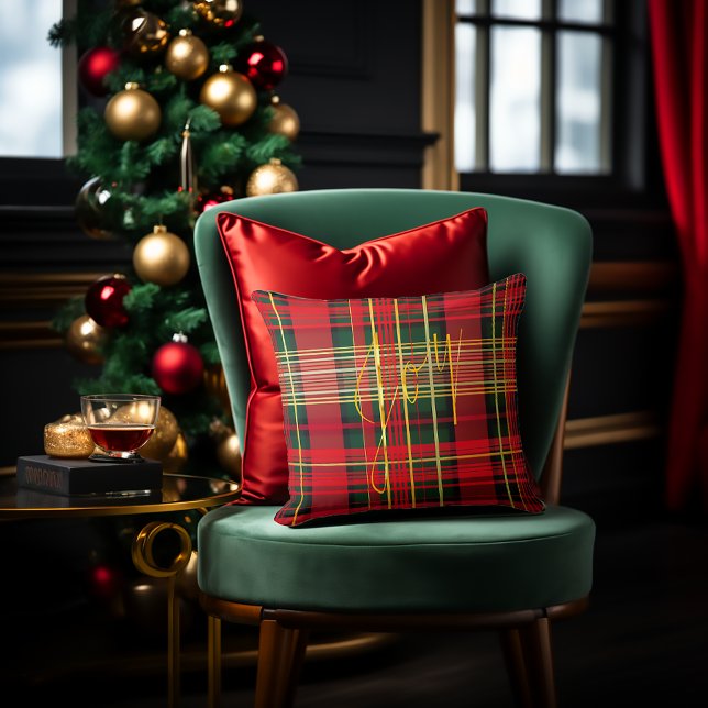 Festive Tartan 'Joy' Calligraphy Decorative  Cushion (Christmas Decor, Classic Christmas Tartan 'Joy' Script Decorative Throw Pillow, Red and Green )