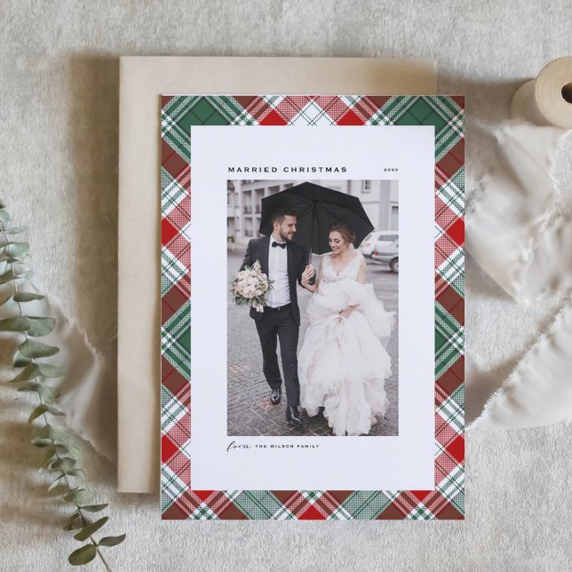 Festive Tartan Pattern Married Christmas Photo Holiday Card (Festive Green and Red Tartan Pattern Married Christmas Photo Holiday Card)
