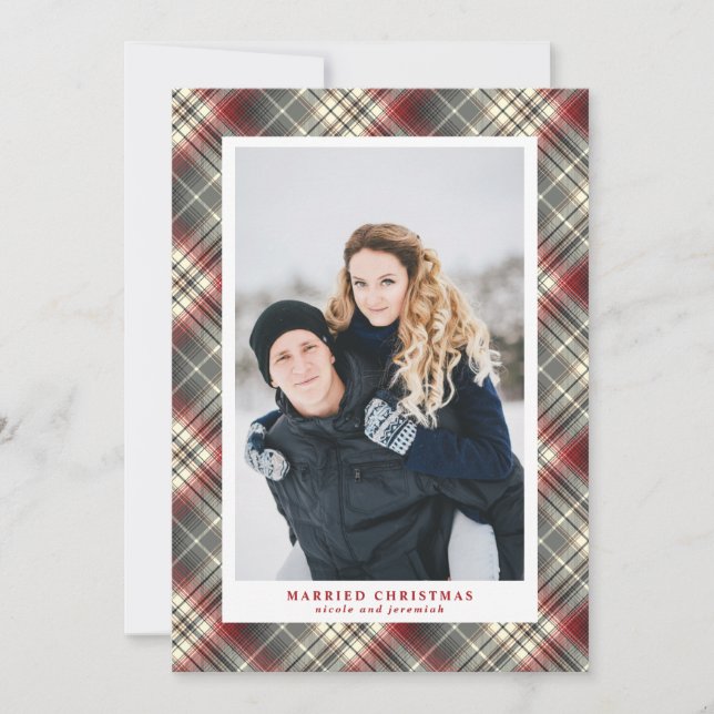 Festive  Tartan red Grey Married Christmas Photo Holiday Card (Front)