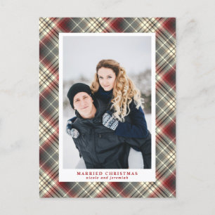 Festive Tartan red Grey Married Christmas Photo Holiday Postcard