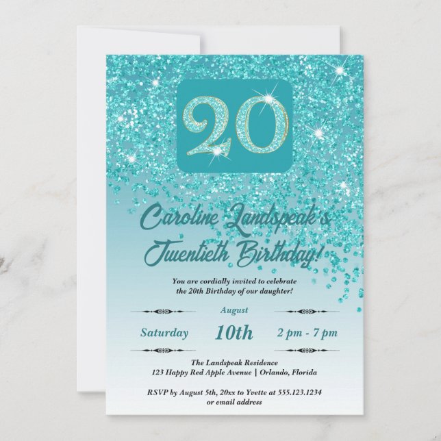 Festive Teal Blue Glitter 20th Birthday Invitation (Front)