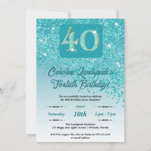 Festive Teal Blue Glitter 40th Birthday Invitation