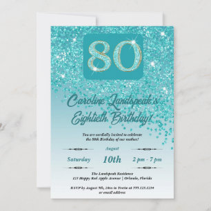 Festive Teal Blue Glitter 80th Birthday Invitation