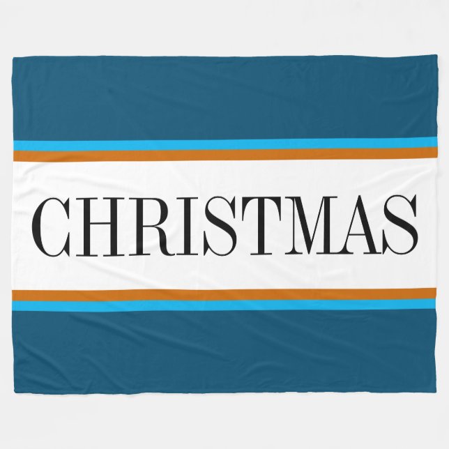 Festive Teal Blue White Brown CHRISTMAS Stripes Fleece Blanket (Front (Horizontal))