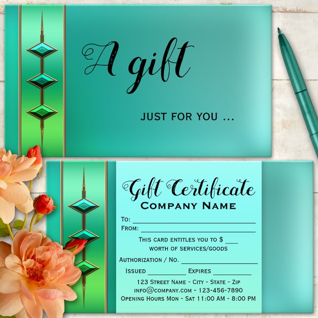 Festive Teal Green Gift Certificate Template (Gift certificate business card featuring an artistic design in teal green with turquoise)