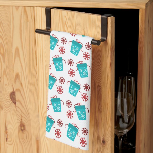 festive teal tiled Christmas Holiday Tea Towel (Thirds Fold)