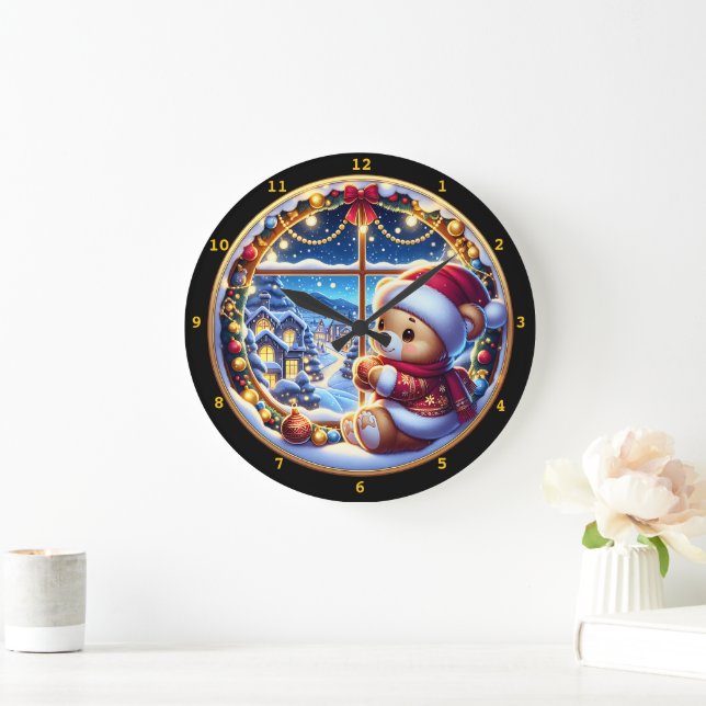  Festive Teddy Bear and Winter Landscape Scene Large Clock (Home)