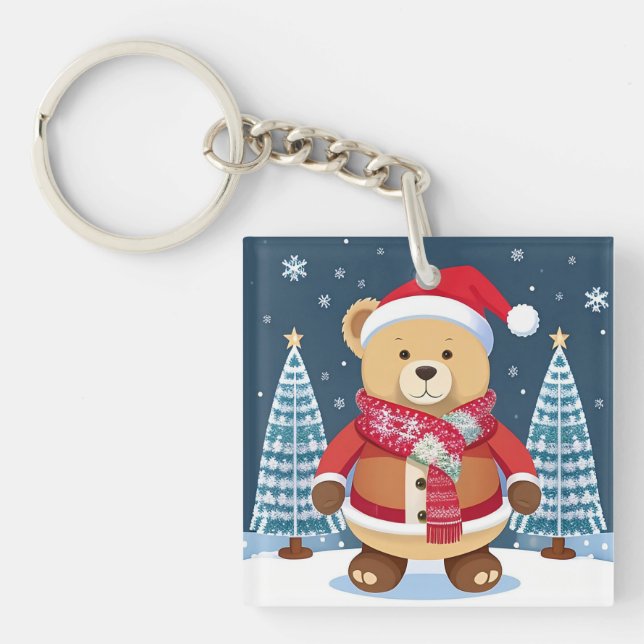 Festive Teddy Bear With Santa Hat Key Ring (Front)