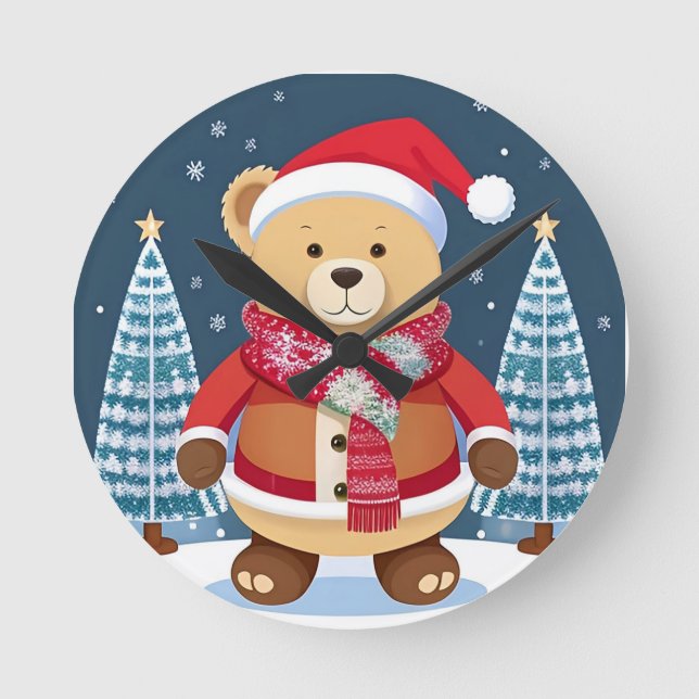 Festive Teddy Bear With Santa Hat Round Clock (Front)
