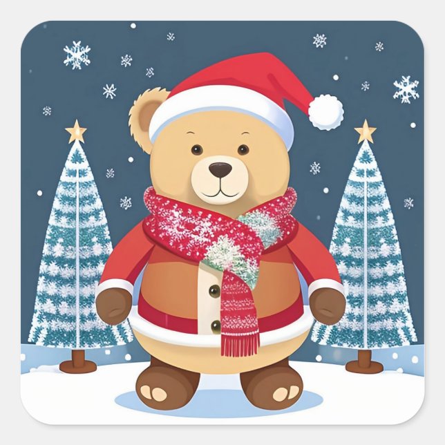 Festive Teddy Bear With Santa Hat Square Sticker (Front)