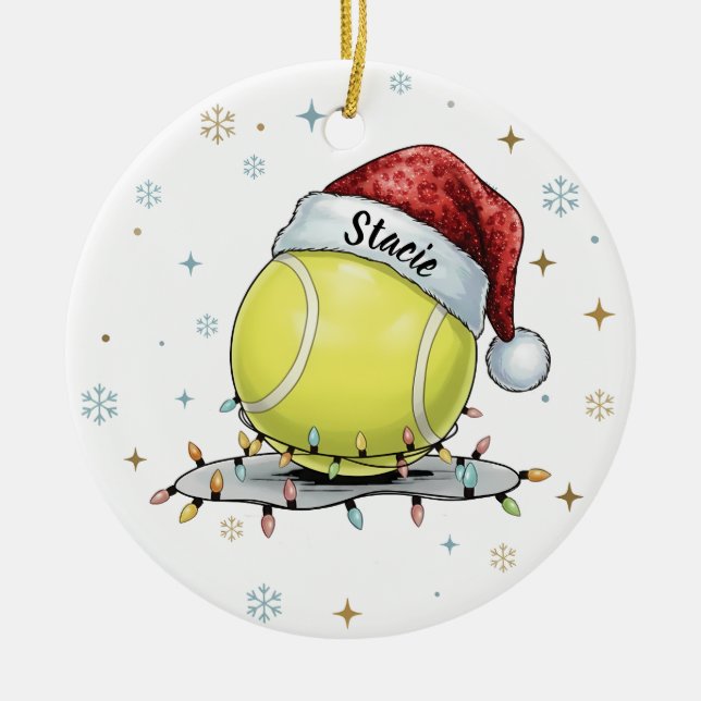 Festive Tennis Ball Holiday Design  Ceramic Tree Decoration (Front)