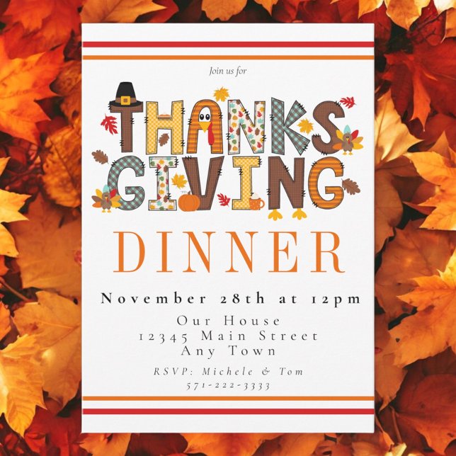 Festive Thanksgiving Dinner Turkey Pumpkin Leaves Invitation (Creator Uploaded)