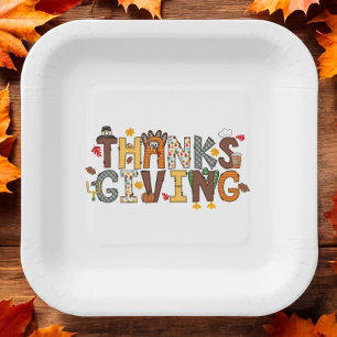 Festive Thanksgiving Feast Turkey Football Leaves Paper Plate