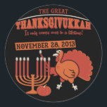 Festive 'Thanksgivukkah' Classic Round Sticker<br><div class="desc">Celebrate Hanukkah on Thanksgiving,  or Thanksgivukkah,  with these festive items! Great way to celebrate this special occasion. Also,  keep your eyes out for more designs with the Thanksgivukkah turkey.</div>