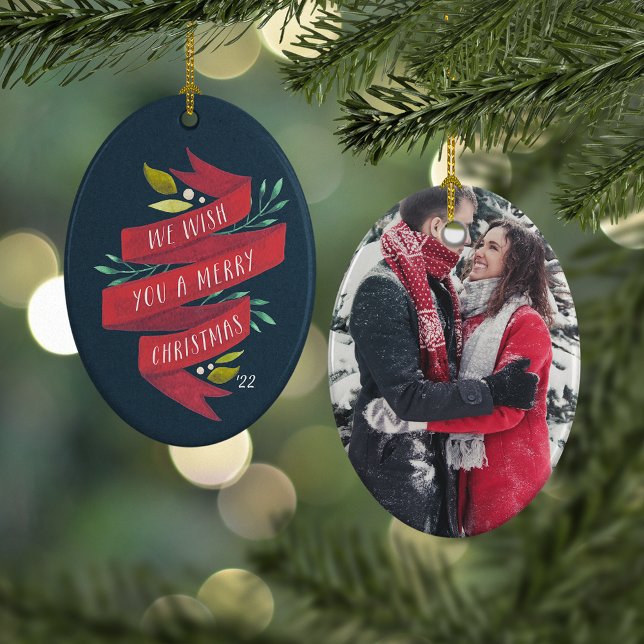 Festive Tidings | Rustic Holiday Photo Ceramic Tree Decoration (Creator Uploaded)