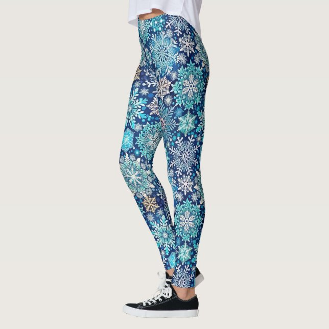Festive tiled blue snowflake Christmas  Leggings (Left)