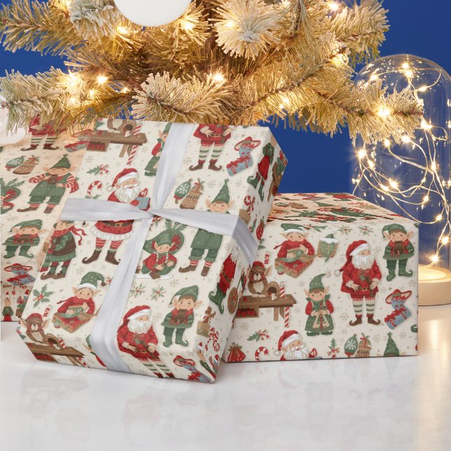 Festive tiled Christmas Santa elf  Wrapping Paper (Holidays)